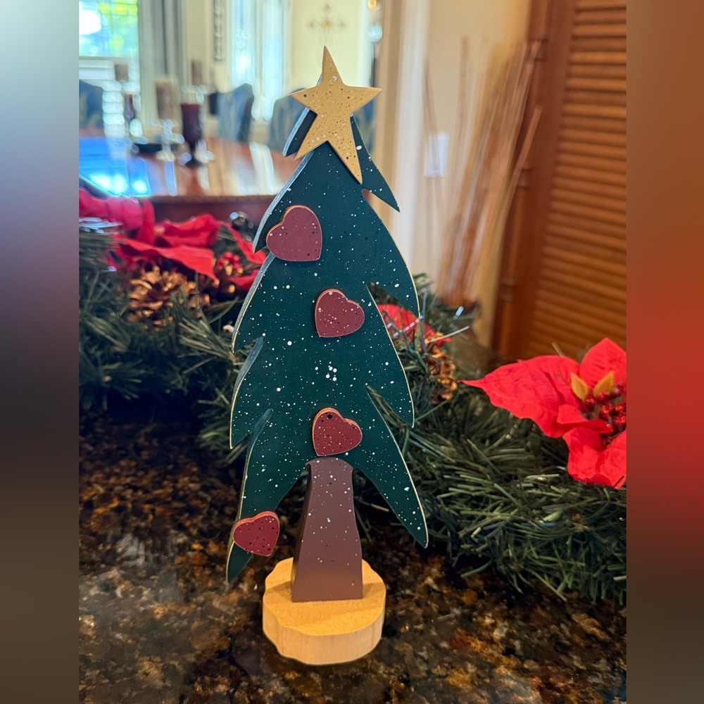 Vintage Wood Christmas Tree with Heart Ornaments-Farmhouse Style